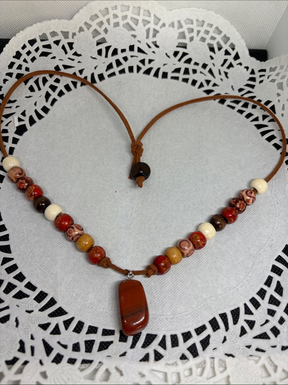 Handmade Red Jasper, Leather, and Wood Desert Market Boho Leather Cord Necklace